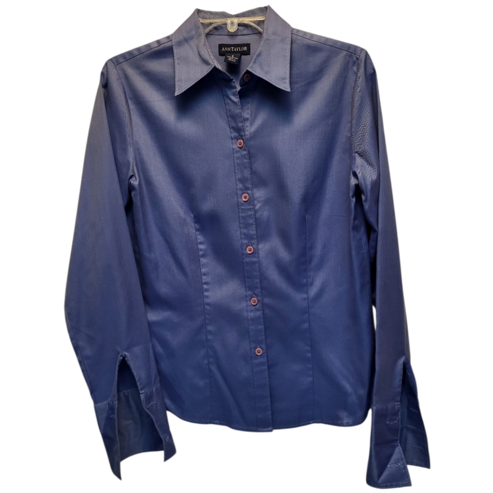 Ann Taylor Blue Tailored Button Down Shirt French Cuffs - Size 4
